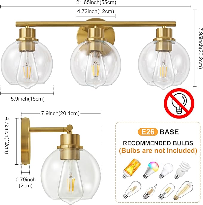 22" Bathroom Light Fixtures, 3-Lights Bathroom Vanity Light Over Mirror with Clear Glass Shade, Modern Gold Wall Sconce Vanity Lighting for Bath, Kitchen, Living Room, Hallway