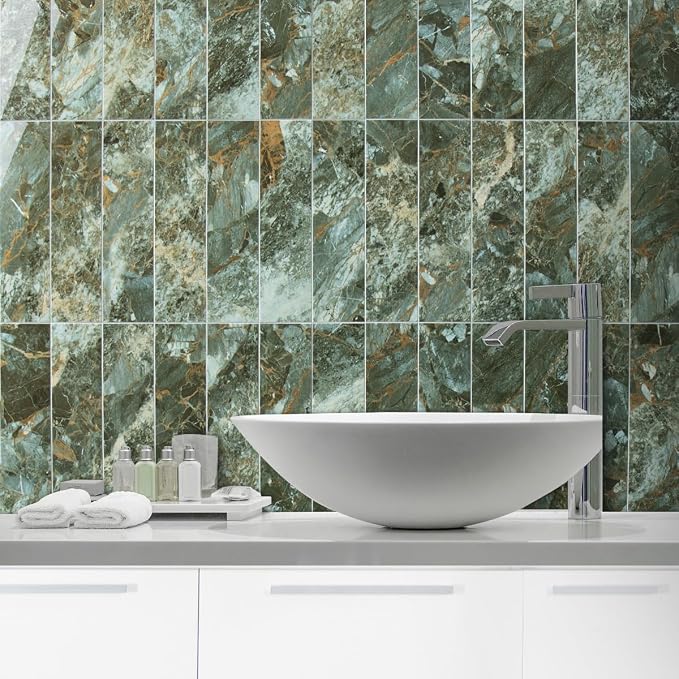 AULIGET 4-Piece Polished Green Marble with Gold Peel and Stick Backsplash Wall Tiles, 3" x 12" PVC Faux Stone Stick on Tiles for Backsplash Kitchen, Bathroom, Laundry Room, Camper, Fireplace