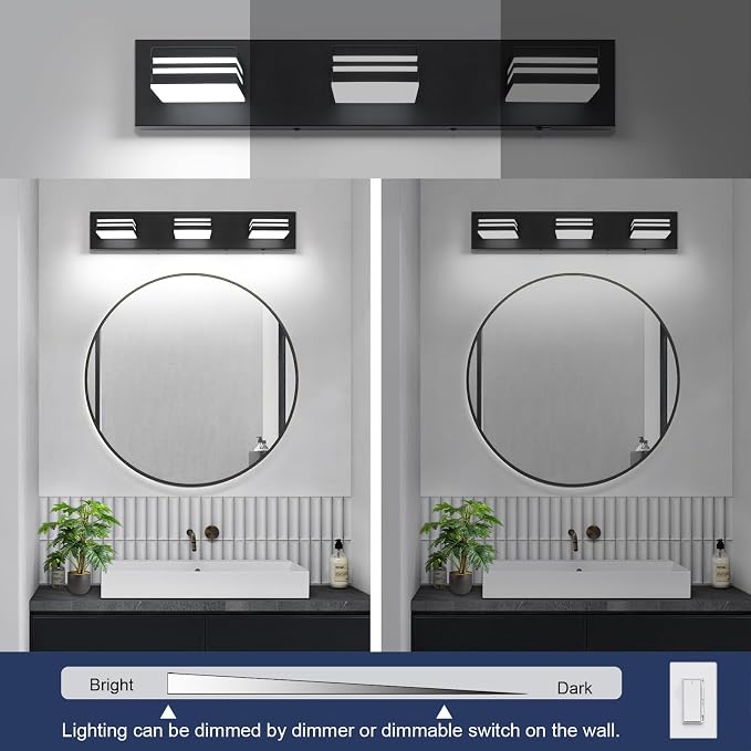 LED Modern Bathroom Vanity Light Fixtures (3-Light, 24-Inch)(5CCT, Dimmable), Matte Black Modern Bathroom Wall Lighting Fixtures Over Mirror (3000K/3500K/4000K/5000K/6000K)