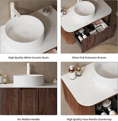 Yayzy 36" Floating Bathroom Vanity with Sink, Solid Wood Fluted Cabinet, White Round Ceramic Basin & Faux Marble Top, Soft-Close Drawer, Pre-Assembled, Walnut Woodgrain