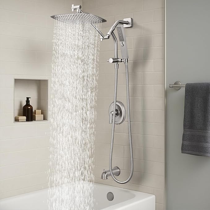 G-Promise 10 Inch All Metal Rain Shower Head with Handheld (Brushed Nickel) | Suits Every Height, Pause Mode Diverter, Massage Mode Handheld, Full Body Coverage, Easy to Install, Modern Bath Upgrade
