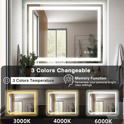 EchosLife 40"x32" LED Bathroom Mirrors for Wall | Backlit + Front Lit, Anti-Fog, Stepless Dimmable, 3 Colors, Memory, Tempered Glass, UL Listed, Horizontal/Vertical