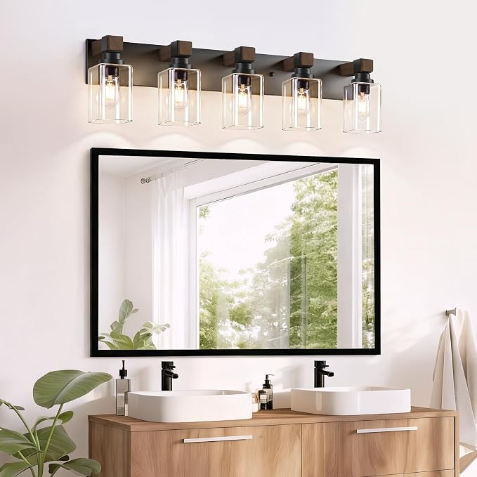 Farmhouse Black 5-Light Bathroom Vanity Light, Square Glass Shade | Vintage Rustic Design, Wood Grain Finish, Matte Black Metal, Wall Mount Over Mirror Lighting Fixtures for Bathroom Restroom