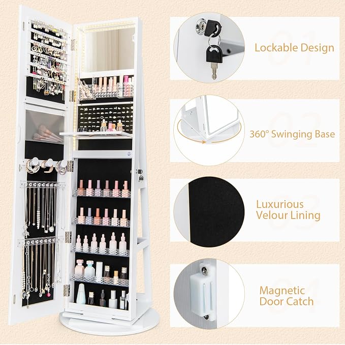 GOFLAME 360° Swivel Jewelry Cabinet Armoire with Full Length Mirror, Standing Jewelry Storage Organizer with Rear Storage Shelves, 3-Color LED Lights, Foldable Shelf, Interior Mirror, White