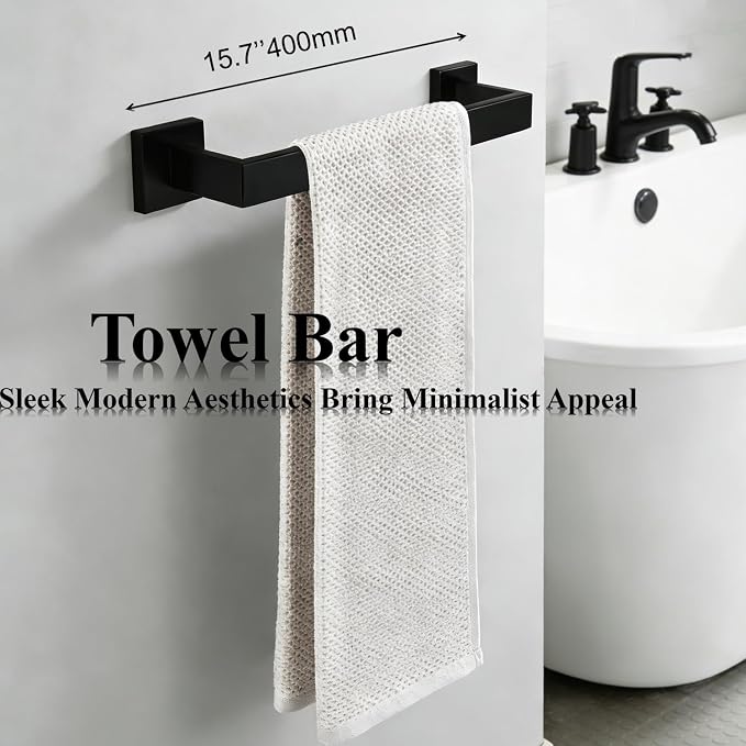 Bathroom Hardware Set 4 Piece Matte Black Bathroom Accessories Set SUS304 Towel Bar Set Includes Towel Bar 16 Inch+Towel Holder+Toilet Paper Holder+Towel Hooks (4, Matte Black, 16 Inch)