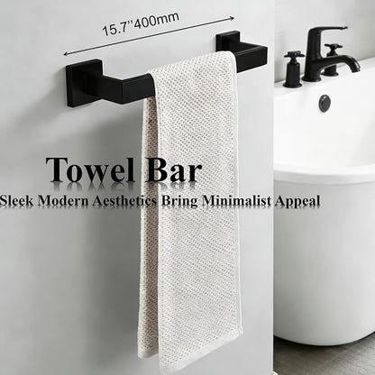 Bathroom Hardware Set 4 Piece Matte Black Bathroom Accessories Set SUS304 Towel Bar Set Includes Towel Bar 16 Inch+Towel Holder+Toilet Paper Holder+Towel Hooks (4, Matte Black, 16 Inch)