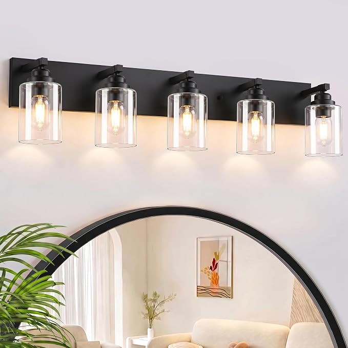 5-Light Matte Black Bathroom Vanity Light, Clear Glass Shade | 35.4" Wall Mount Over Mirror Lighting Fixtures, Durable Metal, Modern Farmhouse Style, for Bathroom, Bedroom, Easy To Install