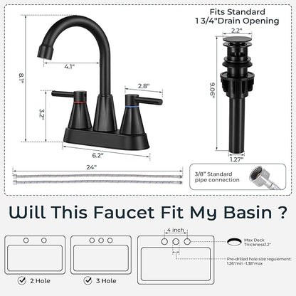 4 inches Bathroom Faucet for 3 Hole,2-Handle Bathroom Sink Faucets with Pop Up Drain (Matte Black)