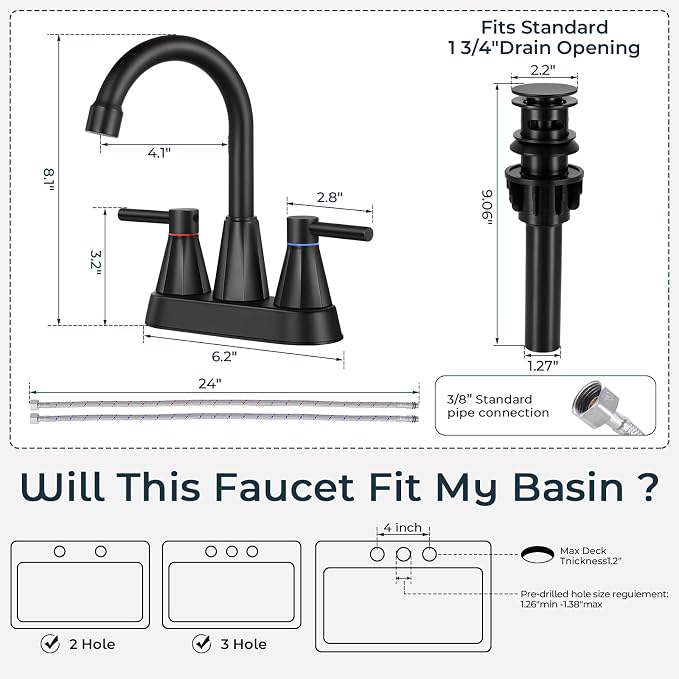 4" Bathroom Sink Faucet, 2-Handle Matte Black, Pop-Up Drain Included | 360° swivel spout, ceramic cartridge, 20% water-saving aerator, RV ready