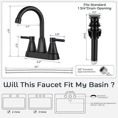 4" Bathroom Sink Faucet, 2-Handle Matte Black, Pop-Up Drain Included | 360° swivel spout, ceramic cartridge, 20% water-saving aerator, RV ready