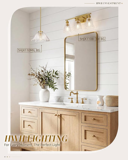 HWH 3-Light Bathroom Wall Sconces, Clear Floral Glass, 5HJX110B-3W BG | Brushed Gold Finish, 20 Inch Bathroom Vanity Light for Bedroom, Sconce Wall Lighting, Standard E26 Bulb Socket, For Foyer