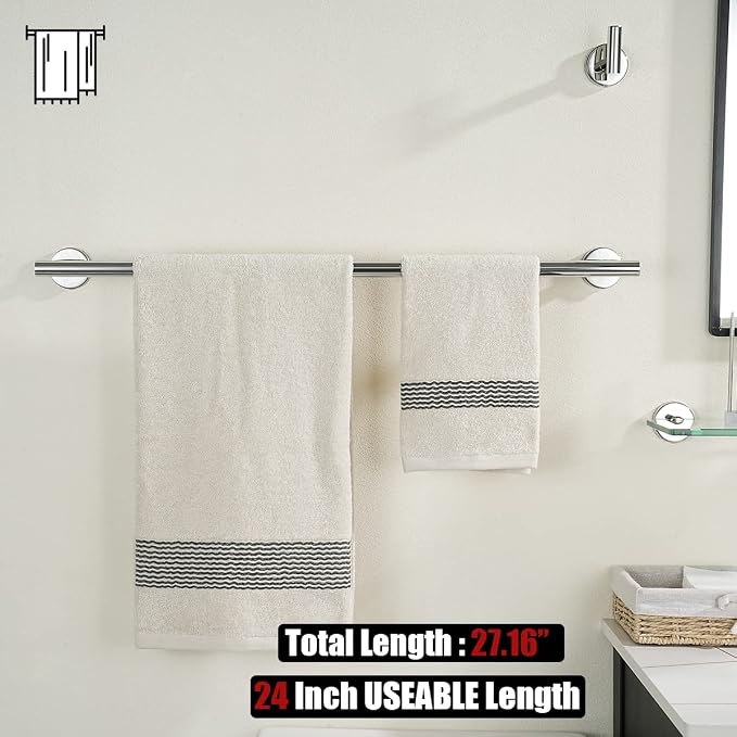 JQK Bathroom Hardware Set Chrome, 5-Piece Bath Accessories Set Polished Chrome Wall Mount Includes 24 in Towel Bar, 7 in Towel Ring, Toilet Paper Holder, 2 Towel Hooks, BAS165-CH