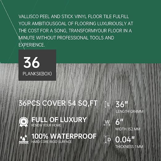 VallisCo Peel and Stick Vinyl Flooring 36 Pack 54 Sq.Ft, Waterproof Vinyl Flooring Peel and Stick for Office, Living Room, Bathroom, Kitchen - Unique Design Easy to Install Floor, Dark Gray