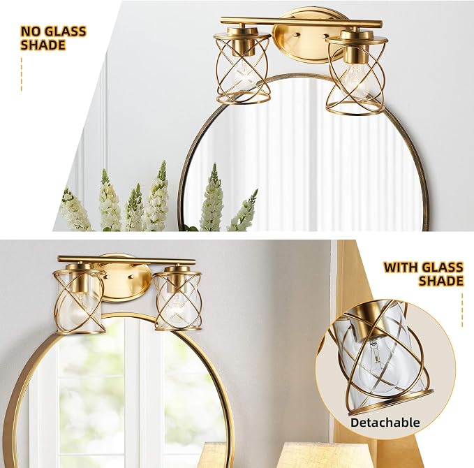 Modern Vanity Lights with Cage Shade, 2 Lights Over Mirror, Brushed Gold Vanity Light for Bathroom, Kitchen, Bedroom