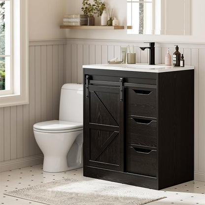 SUNTAGE Bathroom Vanity with Sink, Freestanding Farmhouse Bathroom Storage Cabinet with 3 Drawers & Sliding Door, White Resin Basin Vanity Combo Set (Wood Grain Black, 30")