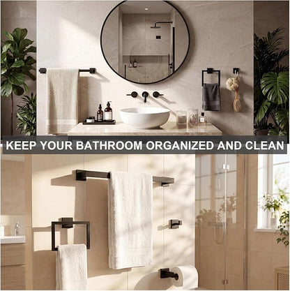 Gisafai 45 Pcs Matte Black Bathroom Hardware Accessories Set 23.6 Inch Black Bath Towel Bar Kit Stainless Steel Bathroom Hardware Set Towel Racks Ring Robe Hooks Paper Holder for Wall Mounted