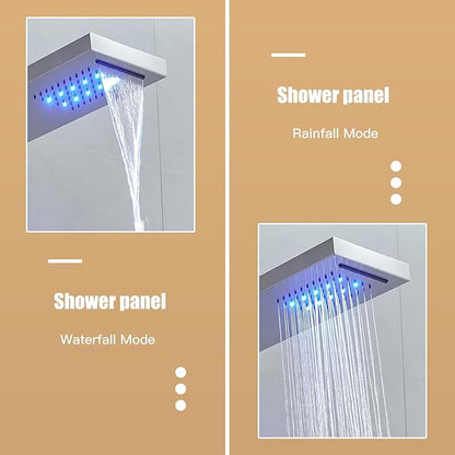 6 in 1 Shower Panel Tower System, Rainfall Shower Tower Systems w/LED and Digital Display Stainless Steel Shower Panels with Waterfall Tub Spout Massage Jets Handheld Head Nickel and Black
