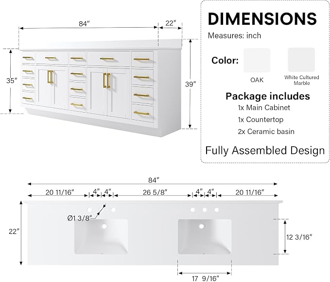 84-Inch Bathroom Vanity with Double Sinks W/ 4 Doors & 12 Drawers & 2 Flip Drawers, White Vanity W/Brushed Gold Handles