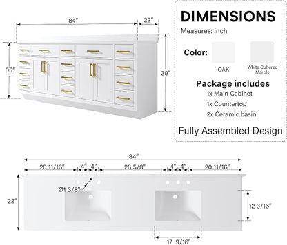 84-Inch Bathroom Vanity with Double Sinks W/ 4 Doors & 12 Drawers & 2 Flip Drawers, White Vanity W/Brushed Gold Handles