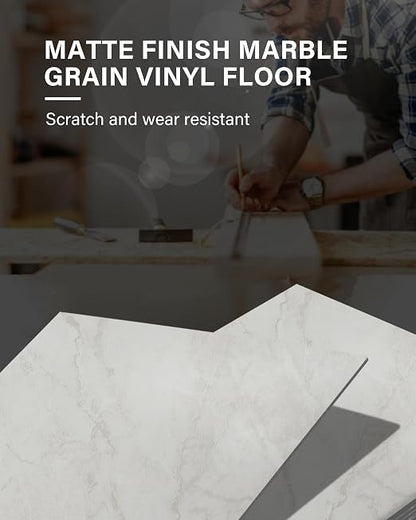 12" x 12" Peel and Stick Floor Tile, 10 Tiles Water-Resistant Vinyl Flooring, Grayish White Marble Peel and Stick Tile for Kitchen, Bedroom, Self Adhesive DIY Floor Tiles