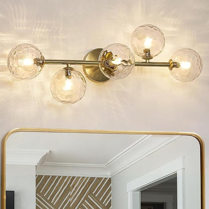 5 Lights Bathroom Vanity Light,Brushed Gold Globe Bathroom Light Fixtures | Hammered Clear Glass Wall Sconce Lighting,Mid Century Modern Brass Bubble Glass Bathroom Vanity Lights over Mirror,G9 Base