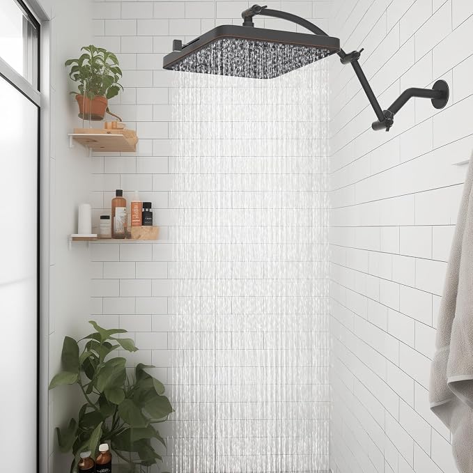 Hibbent Rain Shower Head, 13'' High Pressure Rainfall 5 Spray Mode Showerhead with 16" Shower Head Extension Arm, Brass Adjustable Shower Arm Extender, Waterfall fixed Showerheads, Oil Rubbed Bronze