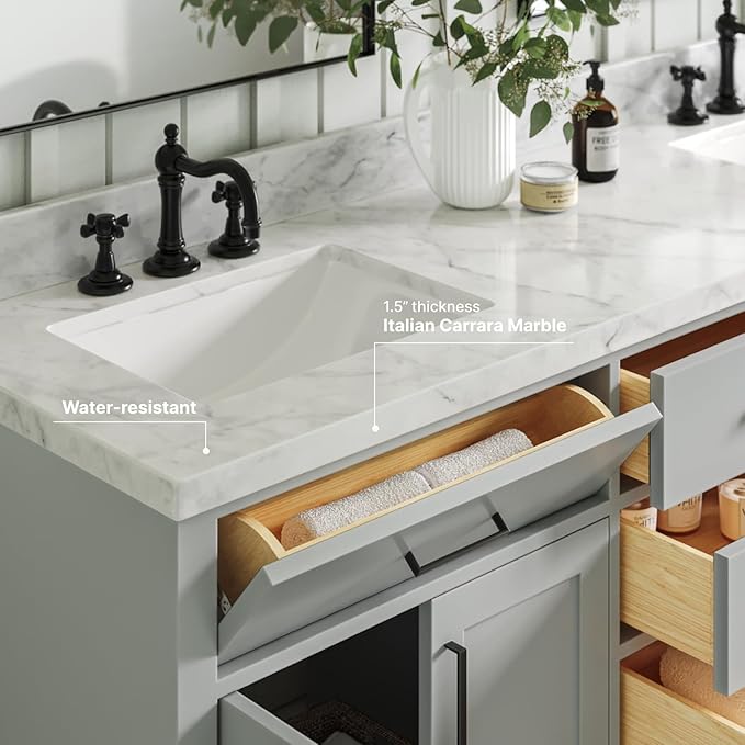 ARIEL Hepburn 72-inch Bathroom Vanity with Sink,Solid Wood, 1.5-inch Italian Carrara Marble Countertop, Double Rectangular Porcelain Sink, 4 Soft Closing Doors, 6 Dovetail Drawers, Grey