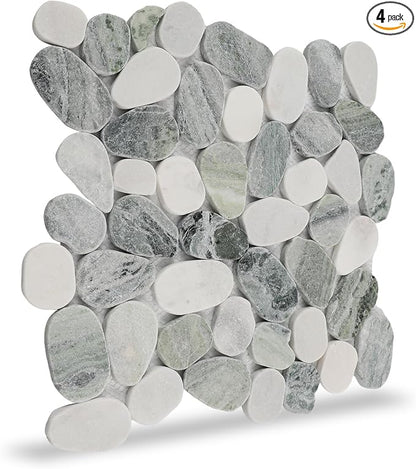 Pebble Tile, Ocean Green Sliced Pebble Stone Tiles for Shower Kitchen Backsplash Bathroom Wall and Floor, 4 Sheets