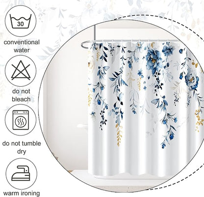 AWERT Blue Plants Shower Curtain with Hooks Watercolor Leaves Shower Curtain for Bathroom Waterproof Bathroom Accessories Bathtub Decor 72x84inch
