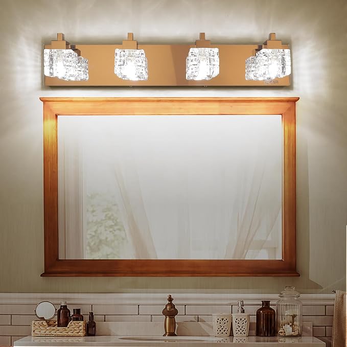 TRLIFE Bathroom Vanity Light Fixtures, 26inches Crystal Vanity Light Fixture Modern Bathroom Lights Over Mirror 4 Lights Vanity Light for Bath Room