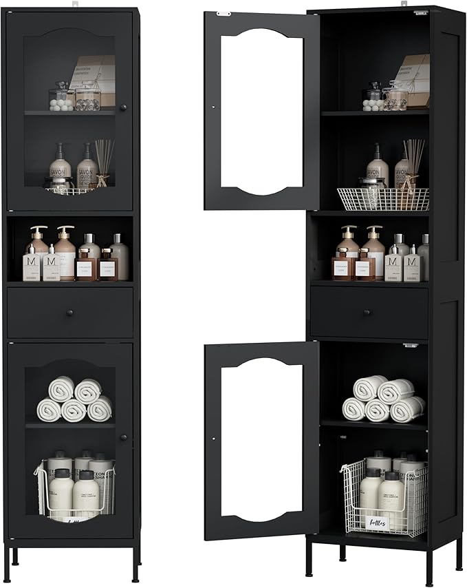 66.4" Tall Bathroom Storage Cabinet with Adjustable Shelves and Glass Doors, Anti-Tipping Narrow Cabinet, Linen Cabinet for Bathroom, Kitchen, Living Room, Black