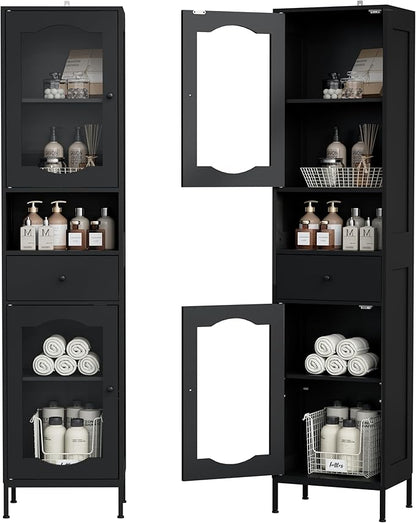 66.4" Tall Bathroom Storage Cabinet with Adjustable Shelves and Glass Doors, Anti-Tipping Narrow Cabinet, Linen Cabinet for Bathroom, Kitchen, Living Room, Black