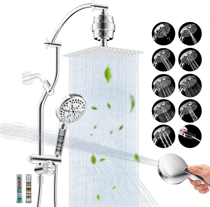 Hibbent 10'' Filtered Shower Head & Filtered 10-Mode Handheld Combo, Chrome | All Metal Stainless Steel Rain Showerhead, 4-way Diverter, Heightened All Metal Extension Arm, 71'' Hose & Holder, Easy Reach