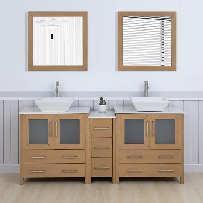 Vanity Art 72 Inch Vessel Double Sink Bathroom Vanity Cabinet with 2 Mirrors, Engineered Marble Top Bathroom Cabinet Compact Set with 7 Dovetail Drawers and Soft Closing Doors, VA3130-72NO