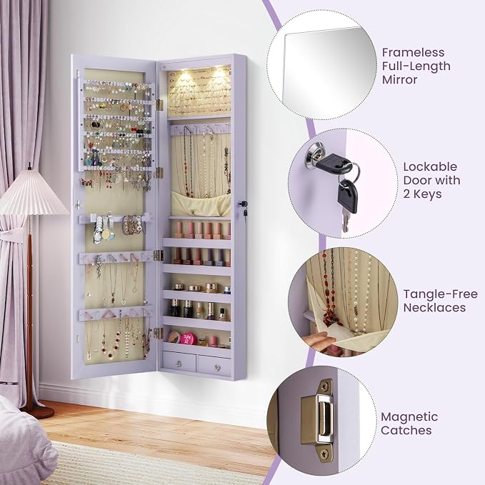 NAFORT 2 LEDs Full Length Mirror with Jewelry Armoire, Jewelry Organizers and Storage with 2 Mounting Options, 47.5”H Jewelry Cabinet with 2 Drawers, Make up & Lockable Jewelry Box, Purple