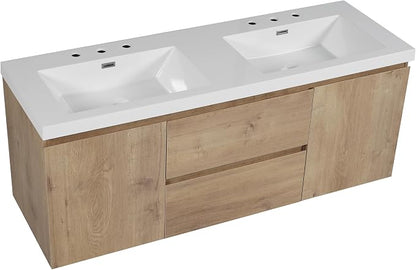 SOFTSEA 60" Double Sink Bathroom Vanity, Floating Bathroom Cabinet with 2 Storage Drawers & Soft Close Doors, Modern Wall Mounted Double Vanity with SMC Sink, Wood