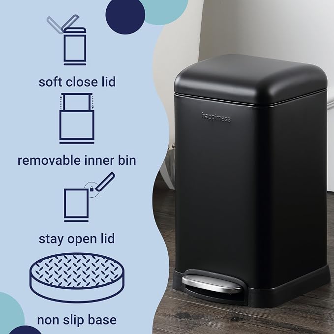 happimess Betty Retro Mini 3.2 Gal Step Trash Can, Charcoal Black | Soft-Close Lid, Fingerprint Proof, Removable Liner, Stainless Steel, Hands-Free Pedal