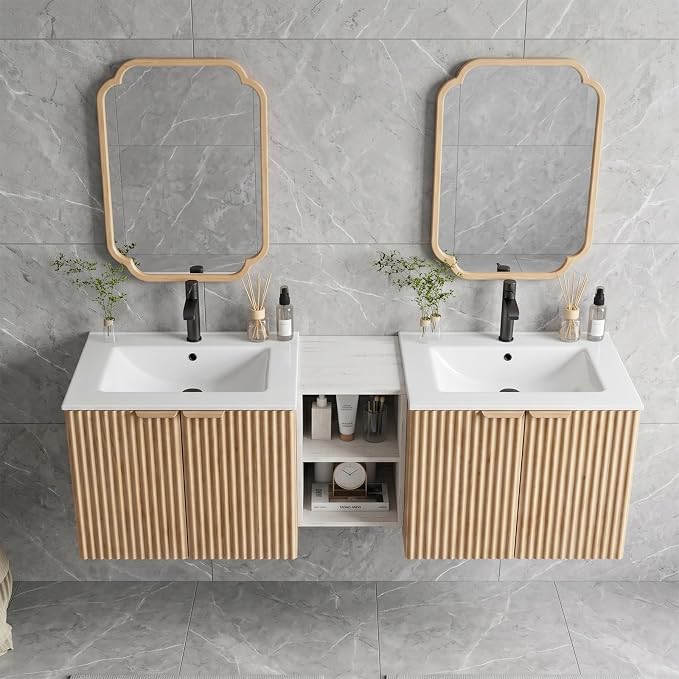 60 Inch Floating Bathroom Vanity with Double Sink, Bathroom Double Sink Cabinet with Soft Close Door Waterproof Storage, Wood Color(wt)