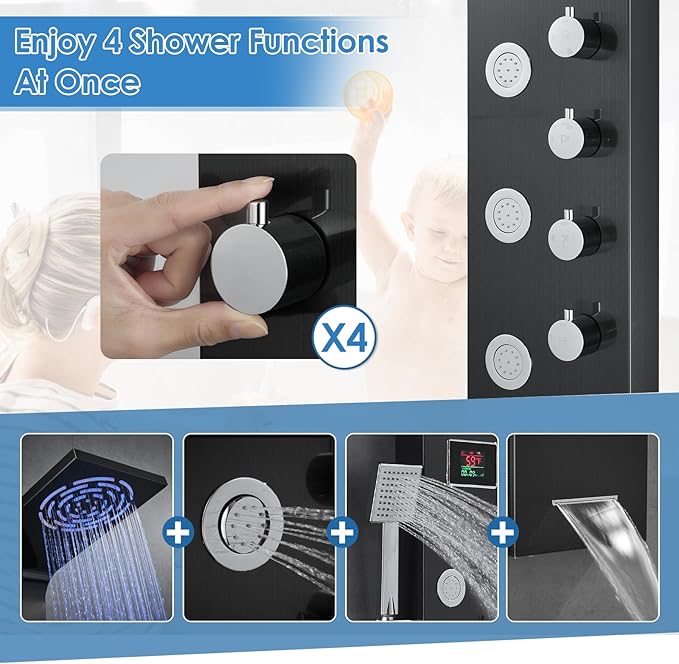 ROVOGO Unibody Shower Panel Tower with 4 Modes (Rainfall Shower, Body Jets, Handheld and Tub Spout), No Battery Needed Led Lights and Temp Display, 304 Stainless Steel Shower Column, Black