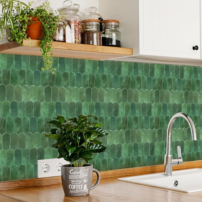 Vamos Tile Thicker Peel and Stick Backsplash Tile,Green,10-Sheet | Self Adhesive Vinyl Wall Tiles with Green Grout, Stick on Backsplash for Kitchen, Bathroom,RV,Laundry,11.1''x12''