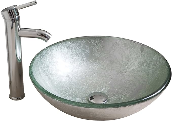 wonline Round Bathroom Foil Tempered Glass Vessel Sink With Faucet and Pop-up Drain Silver Green