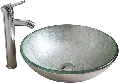 wonline Round Bathroom Foil Tempered Glass Vessel Sink With Faucet and Pop-up Drain Silver Green