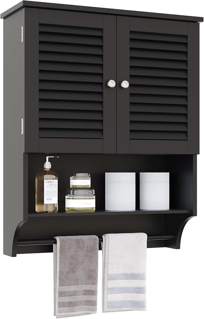 ChooChoo Bathroom Wall Cabinet with Towel Bar and Ample Storage | 23.6"L x 7.9"W x 27.5"H MDF Medicine Cabinet, Over The Toilet Space Saver Storage Cabinet with Adjustable Shelf, Black