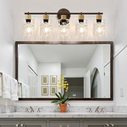Bathroom Light Fixtures, 5-Light Coastal Vanity Lights with Crystal Glass Shade, Oil-Rubbed Bronze Bathroom Wall Lamp for Mirror Kitchen Hallway Cabinet