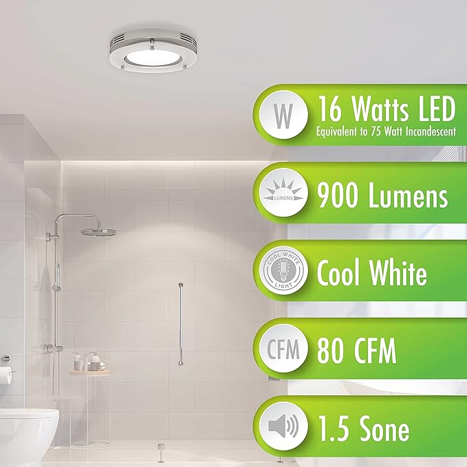 Homewerks 7117-02-HW Bathroom Fan Integrated LED Light Ceiling Mount Exhaust Ventilation 1.5 Sones 80 CFM, Frosted