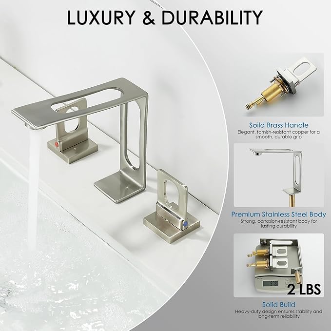 Bathroom Sink Faucet 3 Hole, BAKALA 8-inch Brushed Nickel Widespread Faucet, 2 Handle Modern Vanity Bathroom Faucets with Water Supply Hoses, Hollowed Design