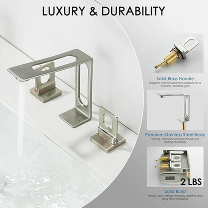 Bathroom Sink Faucet 3 Hole, BAKALA 8-inch Brushed Nickel Widespread Faucet, 2 Handle Modern Vanity Bathroom Faucets with Water Supply Hoses, Hollowed Design