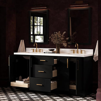 ARIEL Loren 72-inch Bathroom Vanity with Sink,Solid Wood, 1.5-inch Pure White Quartz Countertop, Double Rectangular Porcelain Sink, 4 Soft Closing Doors, 3 Dovetail Drawers, Black