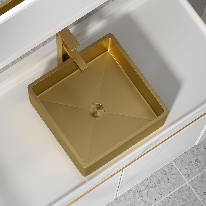 15"x15" Bathroom Vessel Sink Square - Brushed Gold NANO-PVD, 16 Gauge 304 Stainless Steel, Above Counter Modern Vanity Lavatory Bath Sink Basin