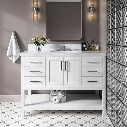 Olivia 48-Inch White Bathroom Vanity with Sink, 1.5" Edge Italian Carrara Marble Countertop & Backsplash, Rectangular Undermount Sink, 2 Soft Closing Doors, 6 Dovetail Drawers, Brushed Nickel